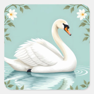 Elegante witte zwaan bloem blauw vierkante sticker