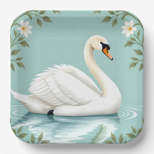 Elegante witte zwaan bloemmotief blauw papieren bordje