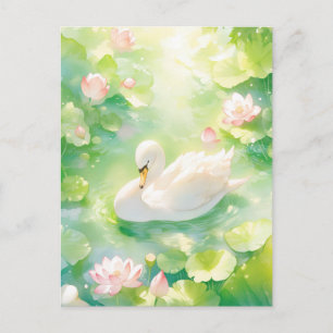Elegante Witte Zwaan in Lichtgevende Lotusvijver Briefkaart