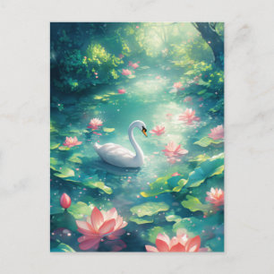 Elegante Witte Zwaan in Roze Lotusvijver Briefkaart