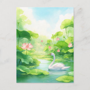 Elegante Witte Zwaan in Roze Lotusvijver Briefkaart
