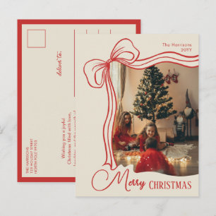 Elegante Wizige Handgetekende Rode Strik Kerstmis Feestdagenkaart