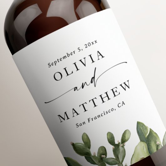 Elegante Woestijnbruiloft. Waterverf Cactus & Scri Wijn Etiket