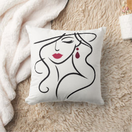 Elegante Woman Line Art met rode lippen en oorbel Kussen