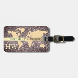 Elegante World Traveller Kaart Glitter monogram Na Bagagelabel