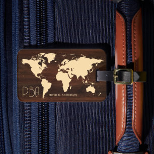 Elegante World Traveller Kaart Hout Monogrammed Na Bagagelabel