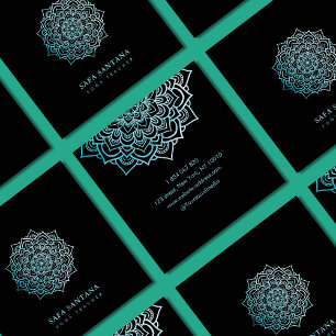 Elegante yogaleraar Blauwgroen Lotus Mandala Vierkante Visitekaartje