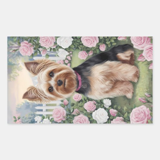 Elegante Yorkshire Terrier Rozentuin Schildering Rechthoekige Sticker (Voorkant)