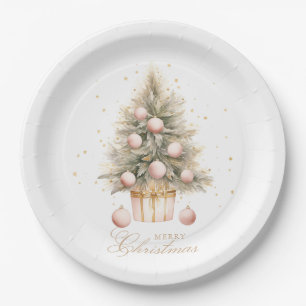 Elegante Zacht Roze Waterverf Vrolijke Kerstboom Papieren Bordje