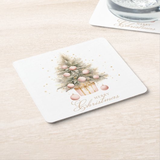 Elegante Zacht Roze Waterverf Vrolijke Kerstboom Vierkante Kartonnen Onderzetter (Schuin)