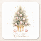Elegante Zacht Roze Waterverf Vrolijke Kerstboom Vierkante Kartonnen Onderzetter (Voorkant)