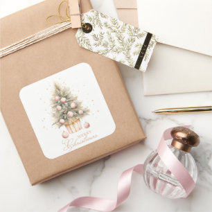 Elegante Zacht Roze Waterverf Vrolijke Kerstboom Vierkante Sticker