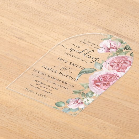 Elegante zachte blos roze bloemengroen bruiloft acryl uitnodigingen (Laagn)