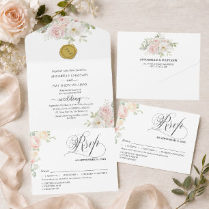 Elegante zachte blosende rozen bruiloft all in one uitnodiging