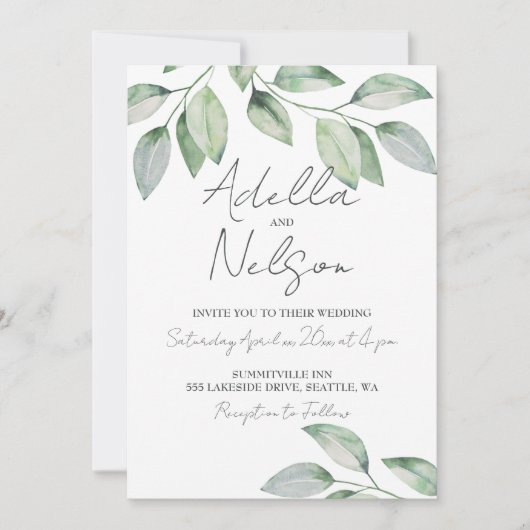 Elegante zachte groene bladeren bruiloft kaart (Voorkant)