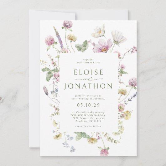Elegante zachte pastel Wildflower QR code bruiloft Kaart (Voorkant)