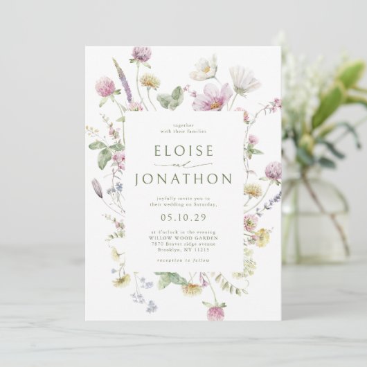 Elegante zachte pastel Wildflower QR code bruiloft Kaart (Staand voorkant)