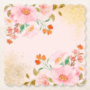 Elegante zachte pastelbloemen met gouden textuur kartonnen onderzetters