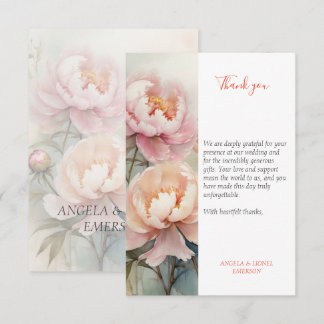 Elegante zachte pioenen boeket roze bruiloft bedankkaart