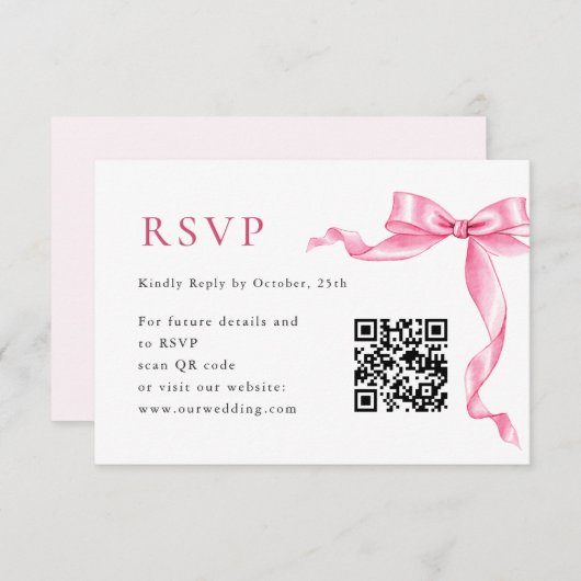 Elegante Zachte Roze Hand Getrokken Bow Wedding QR RSVP Kaartje (Voorkant / Achterkant)
