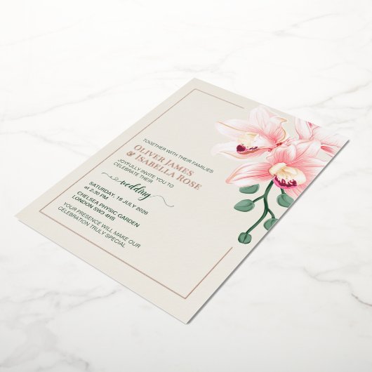 Elegante zachte roze orchidee bruiloft uitnodiging (Gedraaid)