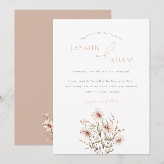 Elegante Zachte Roze Wildflower Bruiloft Kaart (Voorkant / Achterkant)