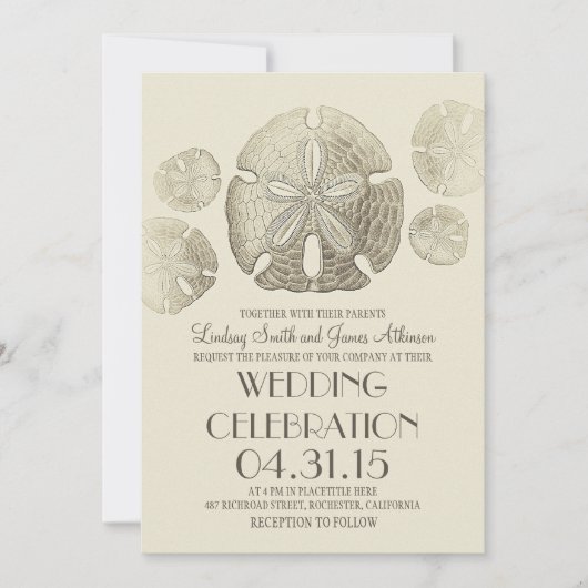 Elegante  zanddollars strand bruiloft uitnodiginge kaart (Voorkant)