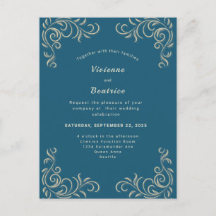 Elegante zee groen gouden scroll huwelijksuitnodig briefkaart