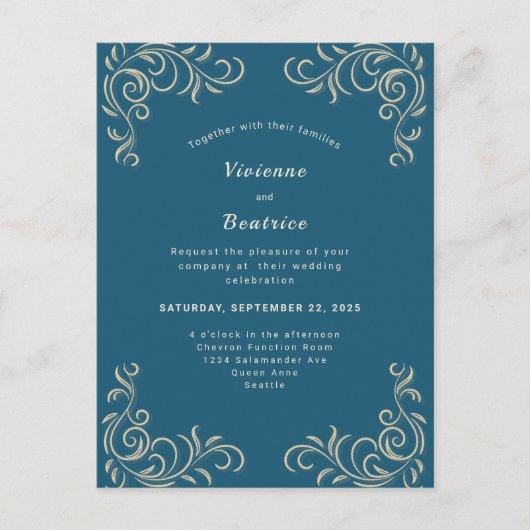 Elegante zee groen gouden scroll huwelijksuitnodig briefkaart (Voorkant)