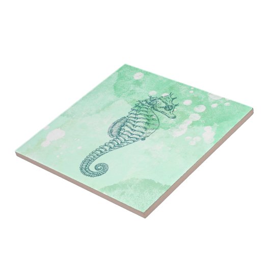 Elegante Zeepaardje Blauw Aquarel Tegeltje (Zijkant)