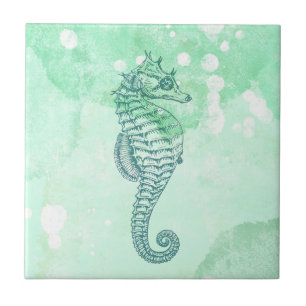 Elegante Zeepaardje Blauwe Aquarel Tegeltje