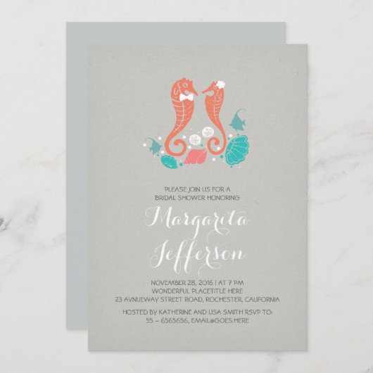 Elegante zeepaardjes strand bruids douche uitnodig kaart (Voorkant / Achterkant)