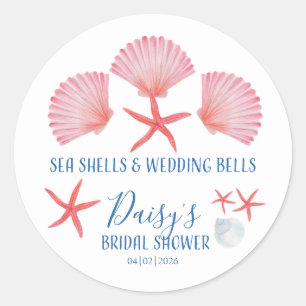 Elegante zeeschelpen & bruiloftbellen Bruidsfeest Ronde Sticker