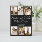 Elegante zes foto's collage wit script minimaal save the date (Staand voorkant)