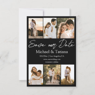 Elegante zes foto's collage wit script minimaal save the date