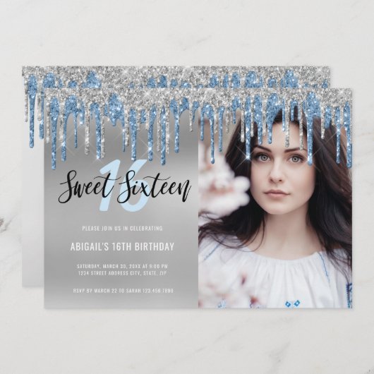 Elegante zilverblauwe glittersliertjes sweet sixte kaart (Voorkant / Achterkant)