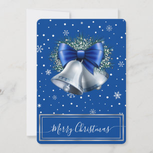 Elegante Zilveren Bel & Blauwe Lint Custom Kerst Feestdagenkaart