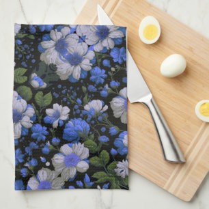 Elegante zilveren blauw witte elegante retro bloem theedoek