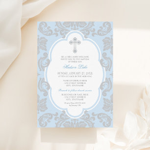 Elegante zilveren blauwe damast baby jongen doop kaart