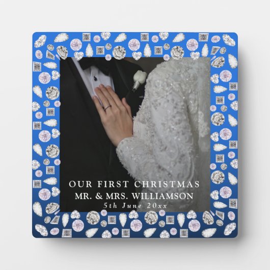 Elegante zilveren blauwe hart diamant eerste kerst fotoplaat (Voorkant)