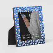 Elegante zilveren blauwe hart diamant eerste kerst fotoplaat (Voorkant)