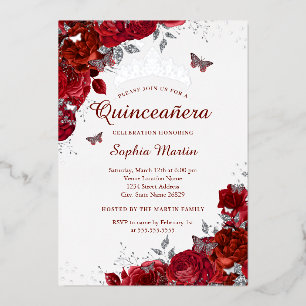 Elegante Zilveren Bloem Vlinder Rode Quinceanera Folie Uitnodiging