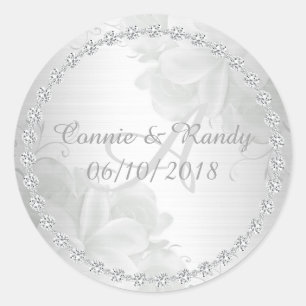 Elegante zilveren bloemen en diamant monogram brui ronde sticker