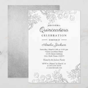 Elegante zilveren bloemige quinceanera uitnodigen kaart