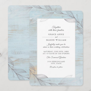 Elegante zilveren botanische bladeren rustieke bru kaart