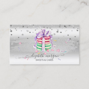 Elegante zilveren confetti,penseelstreek,macarons visitekaartje