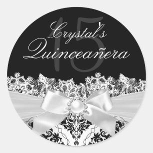 Elegante Zilveren Damast & Strik Quinceanera Stick Ronde Sticker