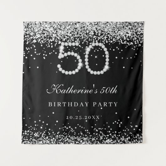 Elegante zilveren diamanten 50ste verjaardagsfeest wandkleed (Voorkant)