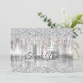 Elegante zilveren druppelende glinster monogram bedankkaart (Staand voorkant)
