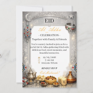 Elegante zilveren Eid Al-Adha-vieringsuitnodiging Kaart